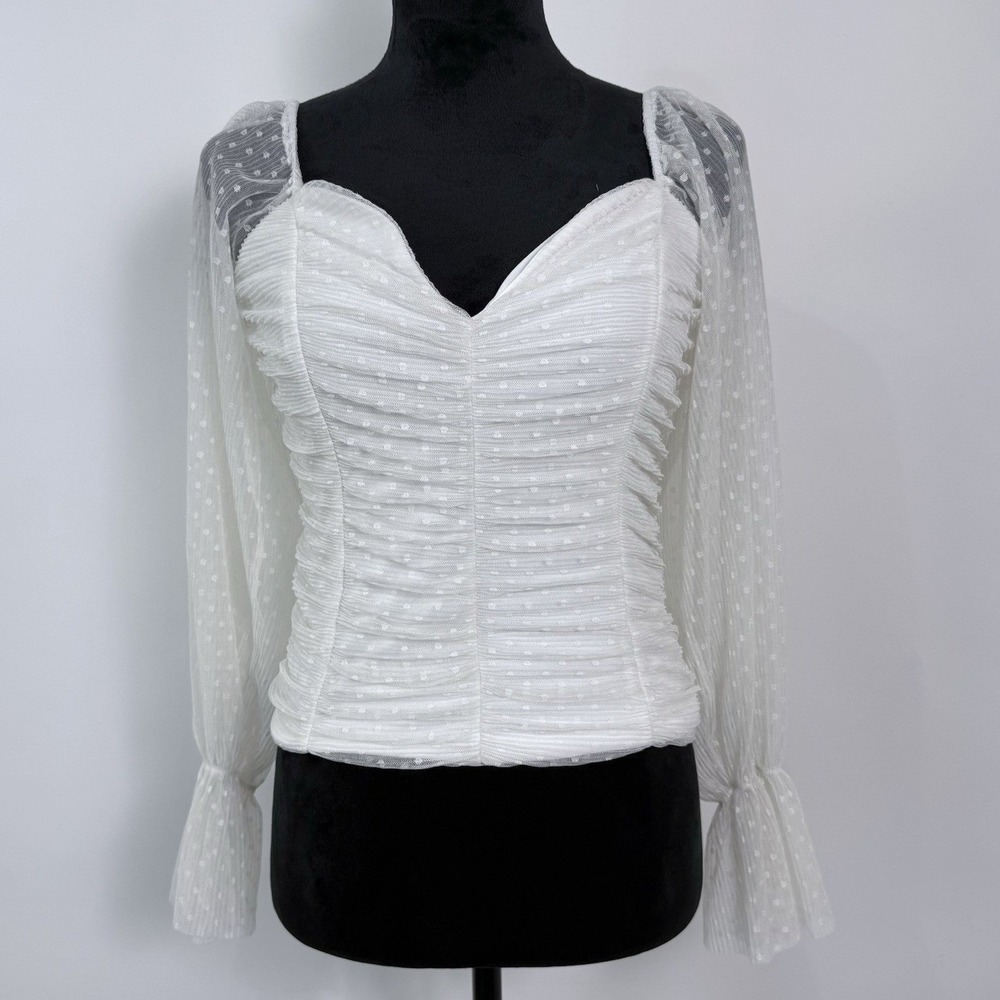 Madi Mase Ruched Mesh Swiss Dot Blouse Womens Size M Ivory Crop Coquette